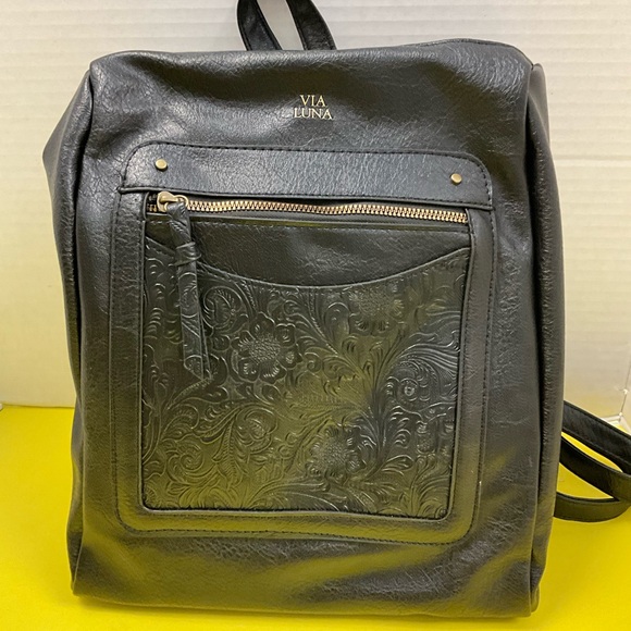 via luna Handbags - Black Embossed Front-Pocket Backpack